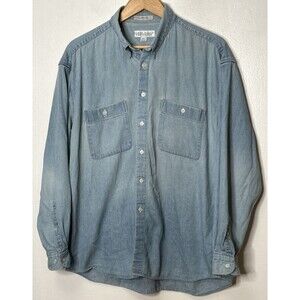 Vintage Perry Ellis Portfolio Denim Shirt Hong Kong Snap Down collar light wash